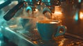 Generative AI Industrial coffee machine making two cups of espresso horizontal business concept. Royalty Free Stock Photo