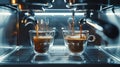 Generative AI Industrial coffee machine making two cups of espresso horizontal business concept. Royalty Free Stock Photo