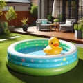 Generative AI, inflatable pool in a backyard with yellow rubber duck