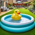Generative AI, inflatable pool in a backyard with yellow rubber duck