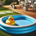 Generative AI, inflatable pool in a backyard with yellow rubber duck