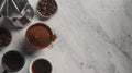 Generative AI Ingredients for making moka coffee Moka pot with coffee beans and ingredients on grey background Cof