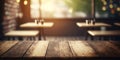 Generative AI interior of cafeteria with vintage styled wooden tables and brick walls in sunlight Royalty Free Stock Photo