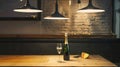 Generative AI Interior design of restaurant or cafe Side Photo of wooden table with bottle champagne or wine and g Royalty Free Stock Photo