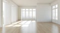 Generative AI Interior of empty spacious living room with white walls and laminated floor with doors leading to ba