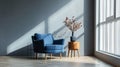 Generative AI Interior with grey wall blue armchair and wood side table business concept. Royalty Free Stock Photo