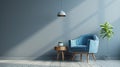 Generative AI Interior with grey wall blue armchair and wood side table business concept. Royalty Free Stock Photo