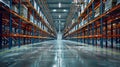 Generative AI Interior of huge empty storehouse Industrial warehouse racking business concept. Royalty Free Stock Photo
