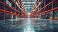 Generative AI Interior of huge empty storehouse Industrial warehouse racking business concept.