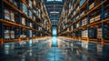 Generative AI Interior of huge empty storehouse Industrial warehouse racking business concept. Royalty Free Stock Photo