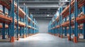 Generative AI Interior of a large modern warehouse featuring empty blue and orange shelving units prepared for sto Royalty Free Stock Photo
