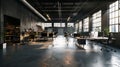 Generative AI Interior of modern industrial office with desks and computers. Empty open space office with essentia Royalty Free Stock Photo