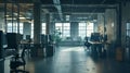 Generative AI Interior of modern industrial office with desks and computers. Empty open space office with essentia Royalty Free Stock Photo