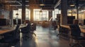 Generative AI Interior of modern industrial office with desks and computers. Empty open space office with essentia Royalty Free Stock Photo