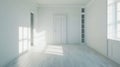 Generative AI Interior of spacious empty refurbished living room with whitewash walls laminated floor with white d