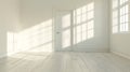 Generative AI Interior of spacious empty refurbished living room with whitewash walls laminated floor with white d