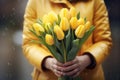 Generative AI International Women& x27;s Day. A woman in a yellow raincoat holds a lush bouquet of yellow tulips