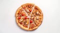 Generative AI Italian pizza on a thick crust with chicken nuts and tomatoes flat lay on a white background isolate