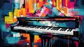 Generative AI, Jazz music street art with piano musical instrument silhouette. Ink colorful graffiti art on a textured wall,