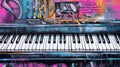 Generative AI, Jazz music street art with piano musical instrument silhouette. Ink colorful graffiti art on a textured wall,