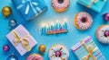 Generative AI Jewish holiday Hanukkah concept Frame of traditional jelly donuts menorah candles and gift boxes on