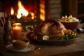 Juicy Roast Turkey Perfectly Laid on a Rustic Wooden Table for a Festive Christmas Feast. Generative AI