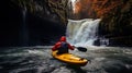 Generative AI, kayak raft river waterfall, extreme sport concept, kayaking