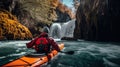Generative AI, kayak raft river waterfall, extreme sport concept, kayaking