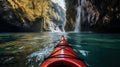 Generative AI, kayak raft river waterfall, extreme sport concept, kayaking