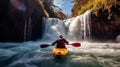 Generative AI, kayak raft river waterfall, extreme sport concept, kayaking