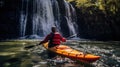 Generative AI, kayak raft river waterfall, extreme sport concept, kayaking