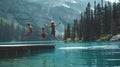 Generative AI Kids jumping off the dock into a beautiful mountain lake Having fun on a summer vacation at the lake Royalty Free Stock Photo