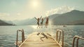 Generative AI Kids jumping off the dock into a beautiful mountain lake Having fun on a summer vacation at the lake Royalty Free Stock Photo
