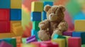Generative AI Kids toys background with teddy bear and colorful blocks business concept. Royalty Free Stock Photo