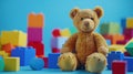 Generative AI Kids toys background with teddy bear and colorful blocks business concept. Royalty Free Stock Photo