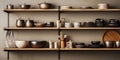 Kitchen utensils and dishware on wooden shelf 2 Royalty Free Stock Photo