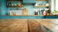 Generative AI Kitchen wooden table top and kitchen blur background interior style scandinavian business concept. Royalty Free Stock Photo