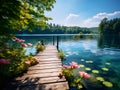 Generative AI. A lake full of flowers and water lilies, surrounded by trees, on a perfect sunny day