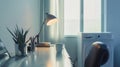 Generative AI Lamp with coffee cup on desk and empty chair by washing machine in home office at contemporary white