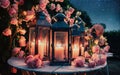 Generative-AI, Lanterns with Candles Surrounded by Roses on an Outdoor Table for Romantic Ambiance