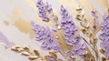 Generative AI, lavender branches hand drawn oil painting with golden leaves