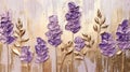 Generative AI, lavender branches hand drawn oil painting with golden leaves