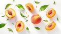 Generative AI Levitating peach . Composition of peaches, peach halves and slices with green leaves on a wh Royalty Free Stock Photo