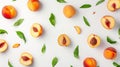 Generative AI Levitating peach . Composition of peaches, peach halves and slices with green leaves on a wh Royalty Free Stock Photo