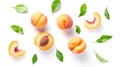 Generative AI Levitating peach . Composition of peaches, peach halves and slices with green leaves on a wh Royalty Free Stock Photo