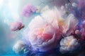Generative AI: light, ethereal, magic and fragile flowers in blue background