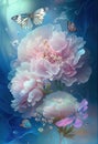 Generative AI: light, ethereal, magic and fragile flowers in blue background