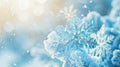 Generative AI Light soft snowy Christmas background backdrop Decorative blue snowflakes closeup macro in snow on n Royalty Free Stock Photo