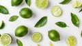 Generative AI Lime fruits with slices and green leaves isolated on white background Top view Flat lay business con Royalty Free Stock Photo