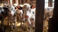 Generative AI, little calfs looking at the camera on a farm, cows